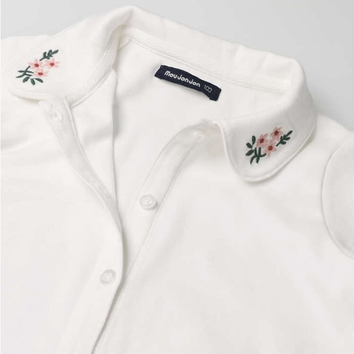 moujonjon White long-sleeved blouse with flower embroidery on the collar
