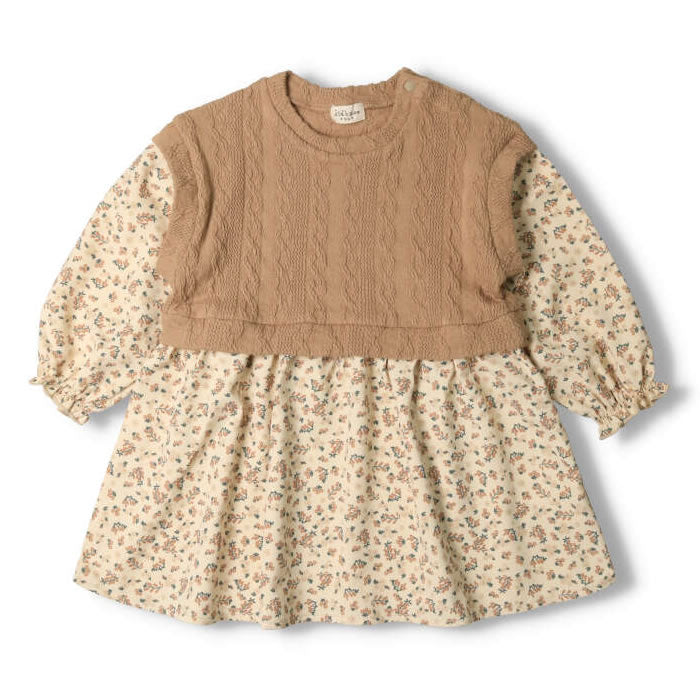 kid's zoo ケーブルベスト付き小花柄長袖ワンピース