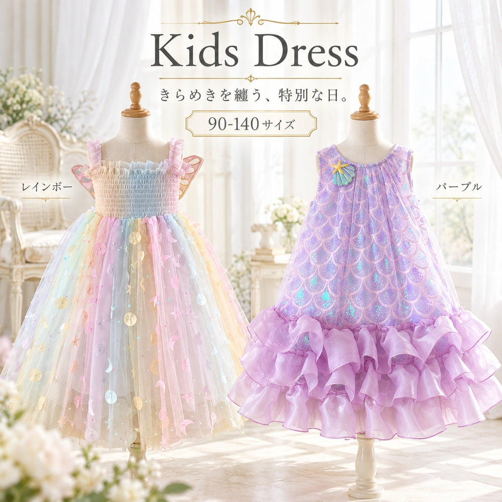 キッズ ドレス 女の子 レインボー パープル 蝶 フリル ワンピース 発表会 誕生日 結婚式 記念撮影 90-140サイズ