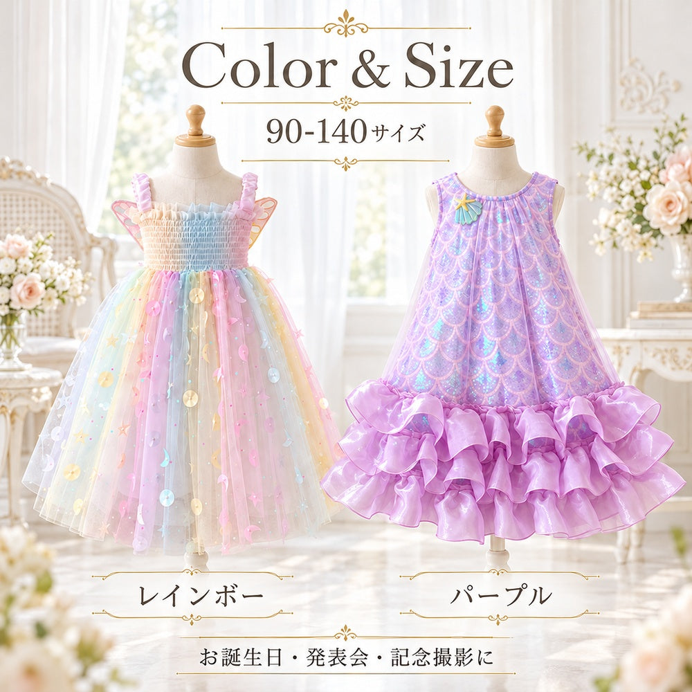 キッズ ドレス 女の子 レインボー パープル 蝶 フリル ワンピース 発表会 誕生日 結婚式 記念撮影 90-140サイズ