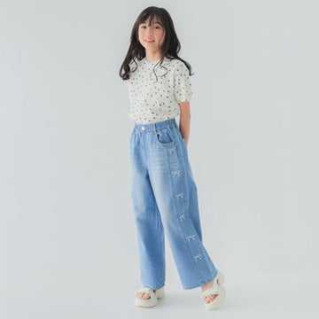エルコペック ソフトタッチ コットンデニム サイド刺繍 ワイドデニムパンツ
