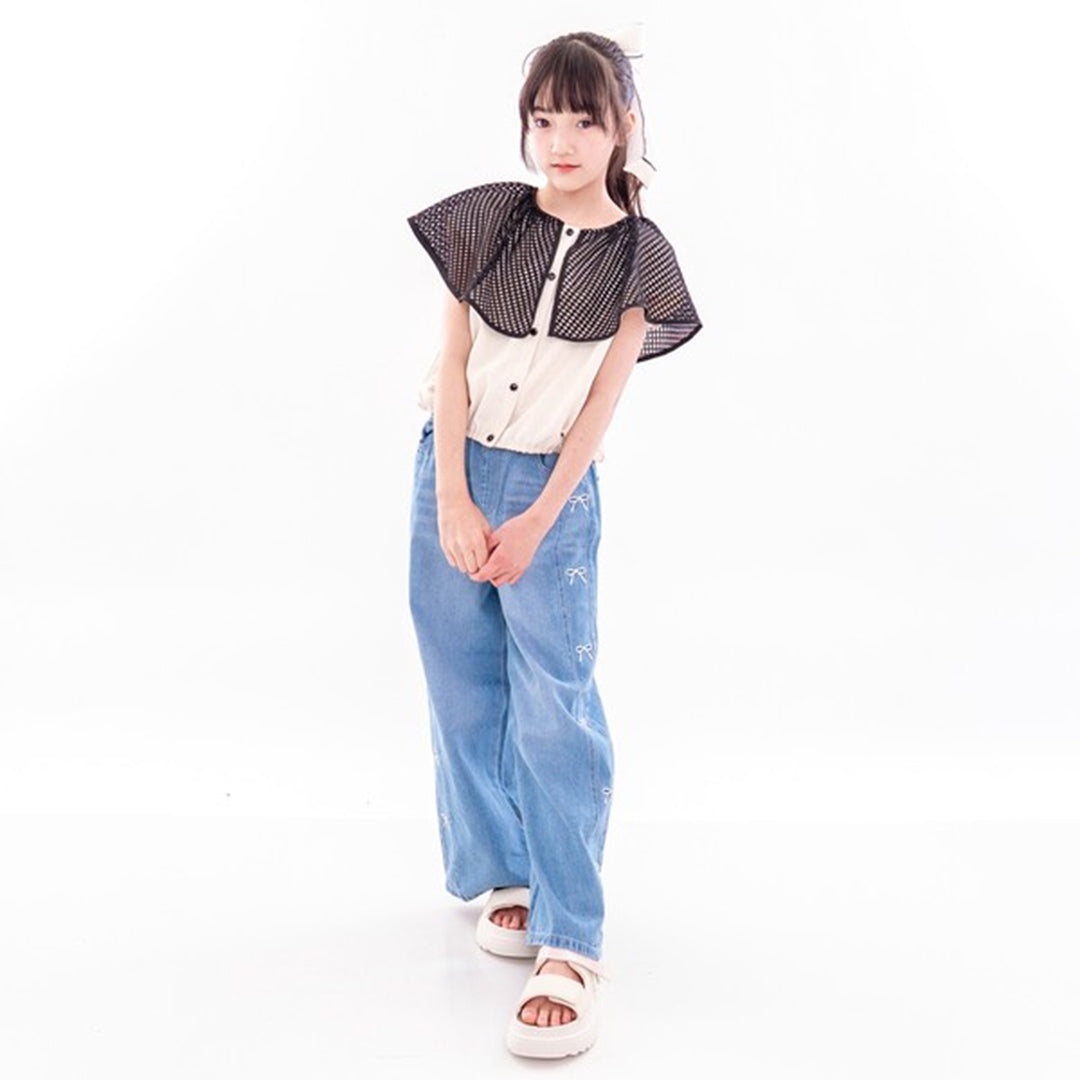 エルコペック ソフトタッチ コットンデニム サイド刺繍 ワイドデニムパンツ
