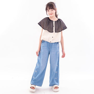 エルコペック ソフトタッチ コットンデニム サイド刺繍 ワイドデニムパンツ