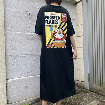 Kellogg’s 裾スリット 半袖Tシャツワンピース ブラック