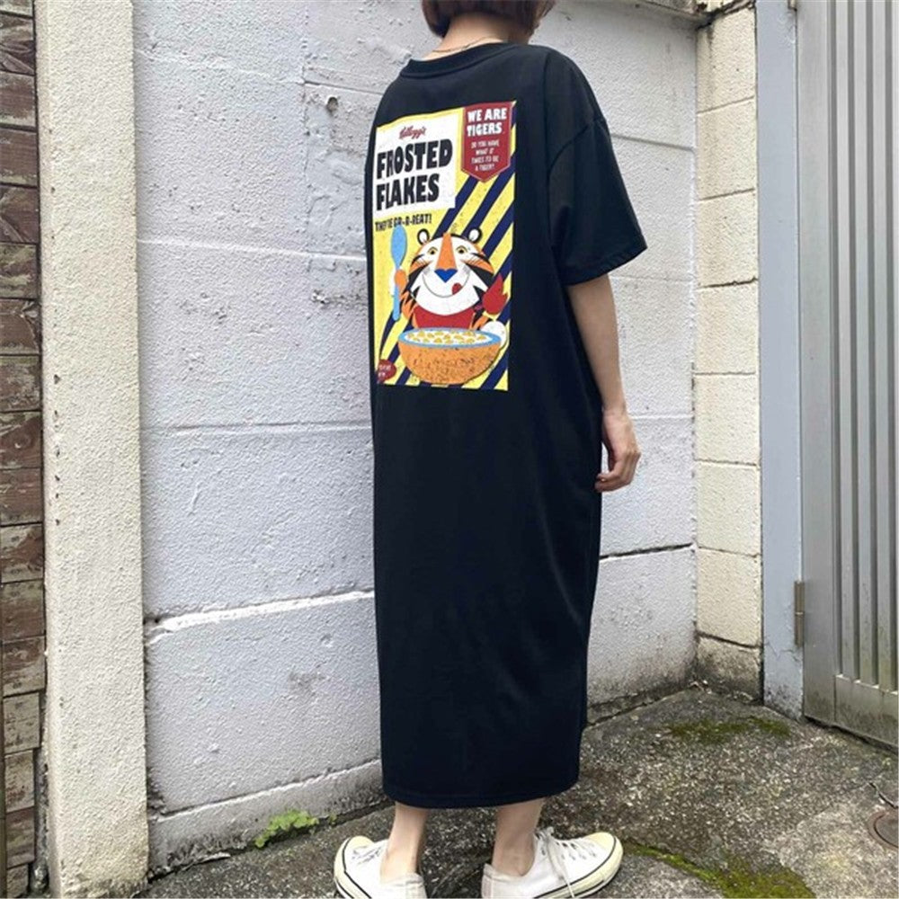 Kellogg’s 裾スリット 半袖Tシャツワンピース ブラック