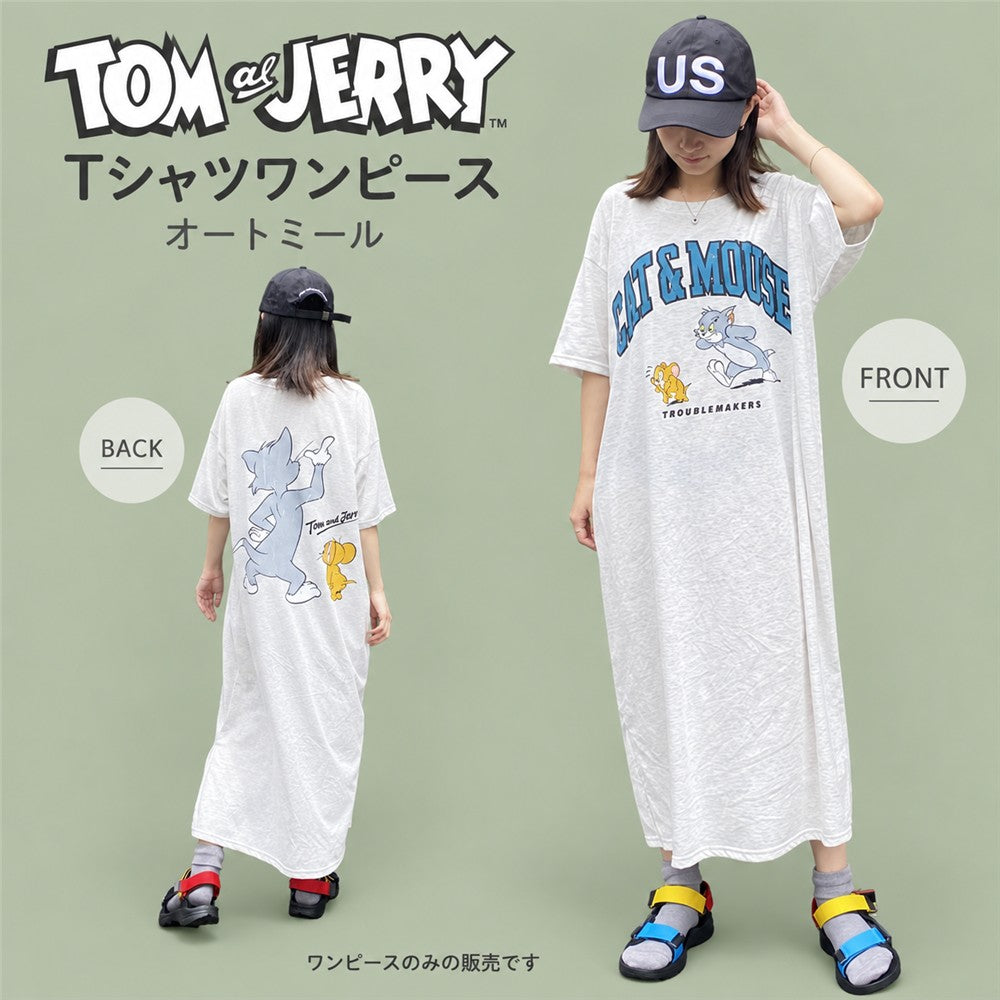 TOM & JERRY 裾スリット 半袖Tシャツワンピース オートミール