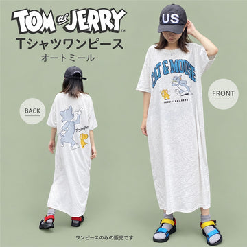 TOM & JERRY 裾スリット 半袖Tシャツワンピース オートミール