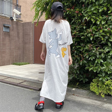 TOM & JERRY 裾スリット 半袖Tシャツワンピース オートミール