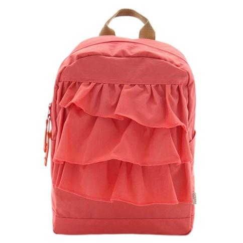 Stylish ruffled nylon backpack for girls with a harness, perfect for kindergarten, elementary school, outdoor activities, camping, and field trips. Ocean &amp; Ground DAYPACK SWEETS TIME