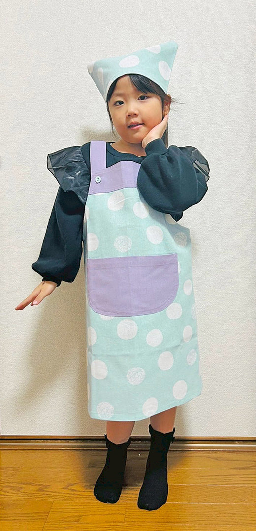 Apron for children, kids, bandana set, easy to use, stylish, for school lunches, Velcro, for boys and girls, 120cm, 130cm, for nursery school, for elementary school students, 100% cotton, free shipping