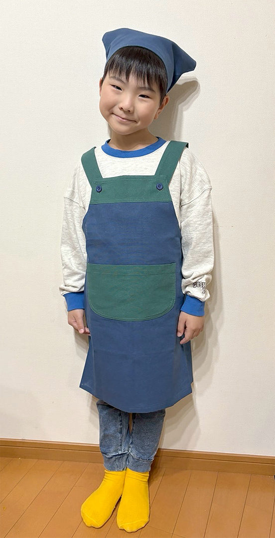 Apron for children, kids, bandana set, easy to use, stylish, for school lunches, Velcro, for boys and girls, 120cm, 130cm, for nursery school, for elementary school students, 100% cotton, free shipping