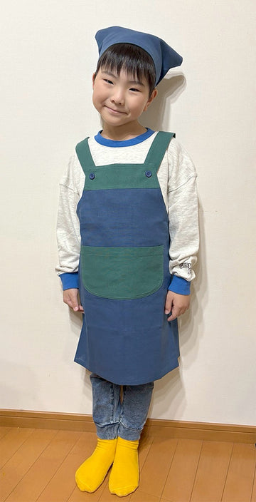 Apron for children, kids, bandana set, easy to use, stylish, for school lunches, Velcro, for boys and girls, 120cm, 130cm, for nursery school, for elementary school students, 100% cotton, free shipping
